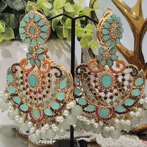 Elegant Gold and Green Chandelier Earrings/ Punjabi oversized Earrings.